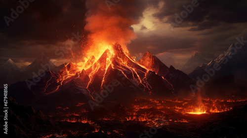 Lava landscape with volcano, AI Generative.