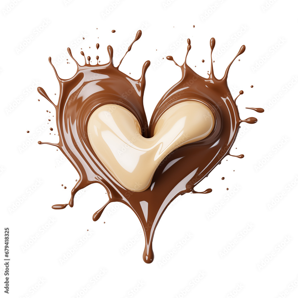 Liquid brown coffee or chocolate love shape with splash and drops isolated on transparent background. Generative AI Liquid brown coffee or chocolate love shape with splash and drops isolated on transparent background. Generative AI