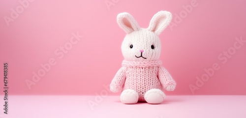 Cute knitted toy rabbit on pink background with copy space. Easter concept.
