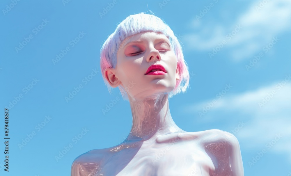 Woman with White Hair and Pink Lipstick Generative AI Woman with White Hair and Pink Lipstick Generative AI