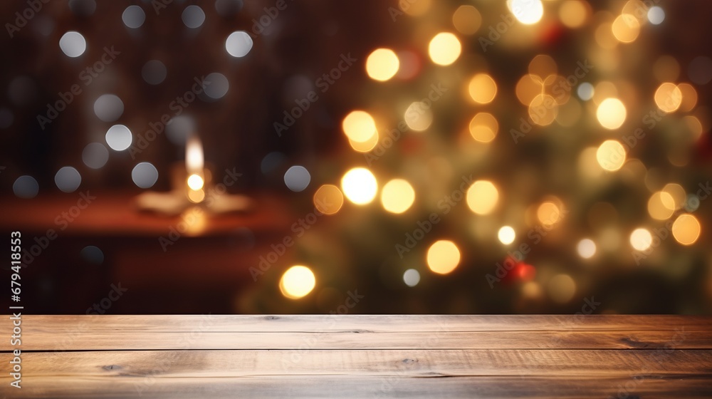 Wood table with blurry christmas decorations background with copy space