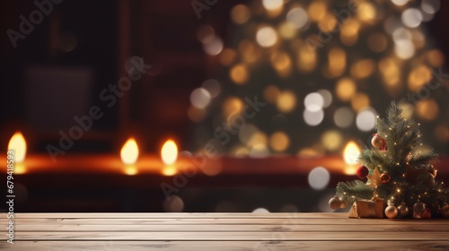 Wood table with blurry christmas decorations background with copy space