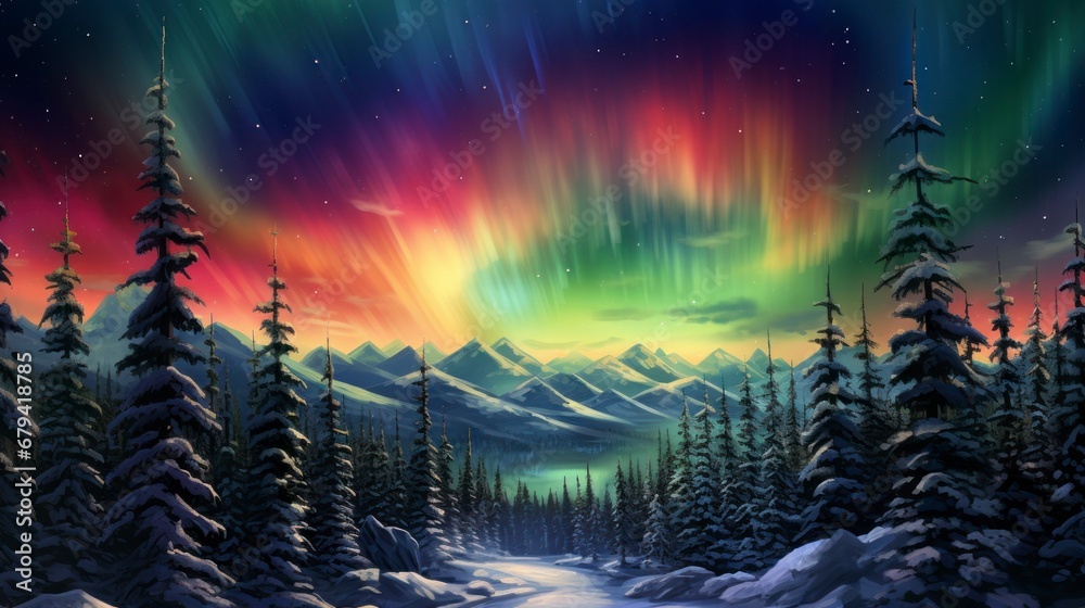 Northern lights dancing over a snowy forest, with a clear view of the vibrant colors in the night sky