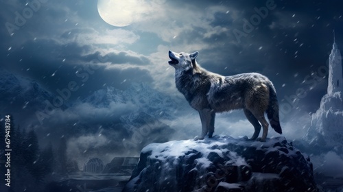 lone wolf howling on a snow-covered hill under a full moon  with a haunting and mystical winter landscape