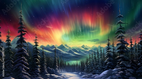 Northern lights dancing over a snowy forest  with a clear view of the vibrant colors in the night sky