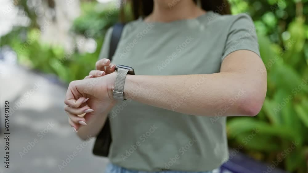 Young, beautiful, and confident, a portrait of a smiling hispanic woman enjoying time in her watch at a green city park Young, beautiful, and confident, a portrait of a smiling hispanic woman enjoying time in her watch at a green city park