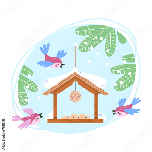 Flock of birds in flight with open wings at feeder with seeds against backdrop of coniferous trees in city park or forest. Cute baby vector illustration on blue background in cartoon style.
