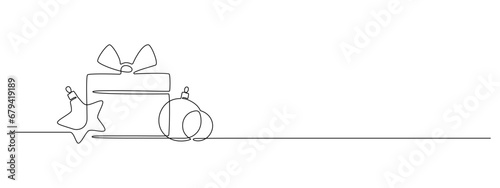 One continuous line drawing of Christmas greeting card. Festive gift and bauble stars for winter holiday card in simple linear style. Xmas decor in editable stroke. Doodle outline vector illustration