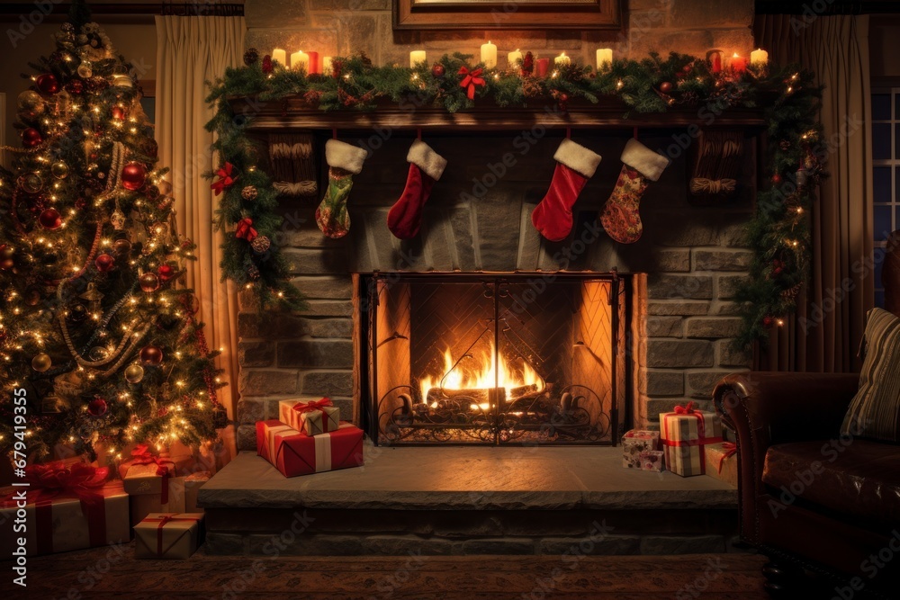 cozy living room decorated for Christmas, with a glowing fireplace, stockings, and a beautifully adorned tree
