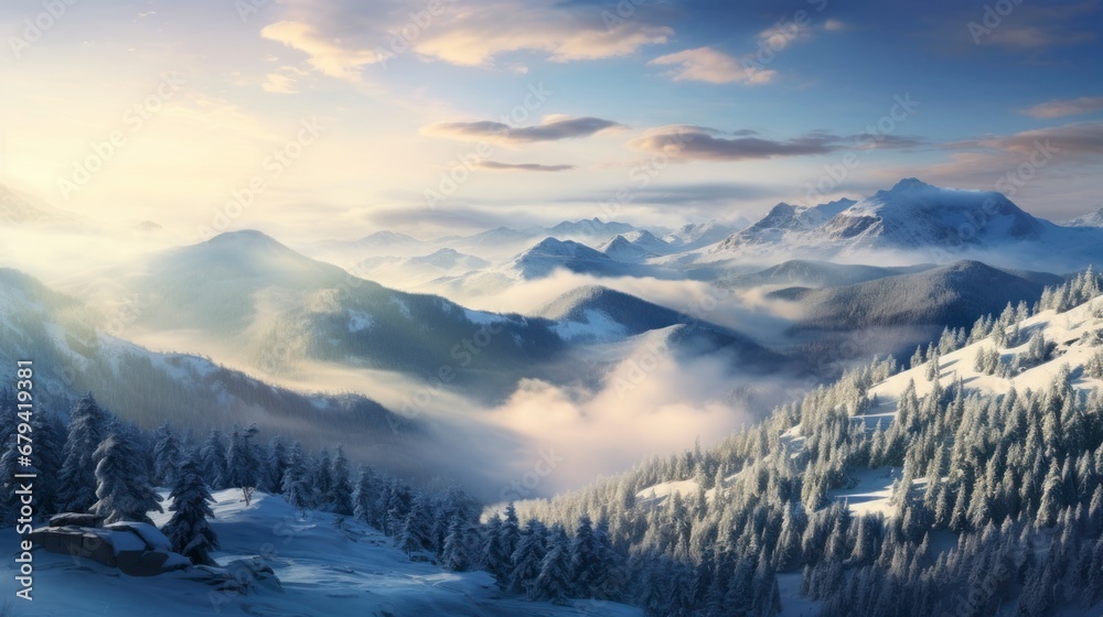 frosty morning view from a mountain top, overlooking a valley filled with clouds and snow-covered trees