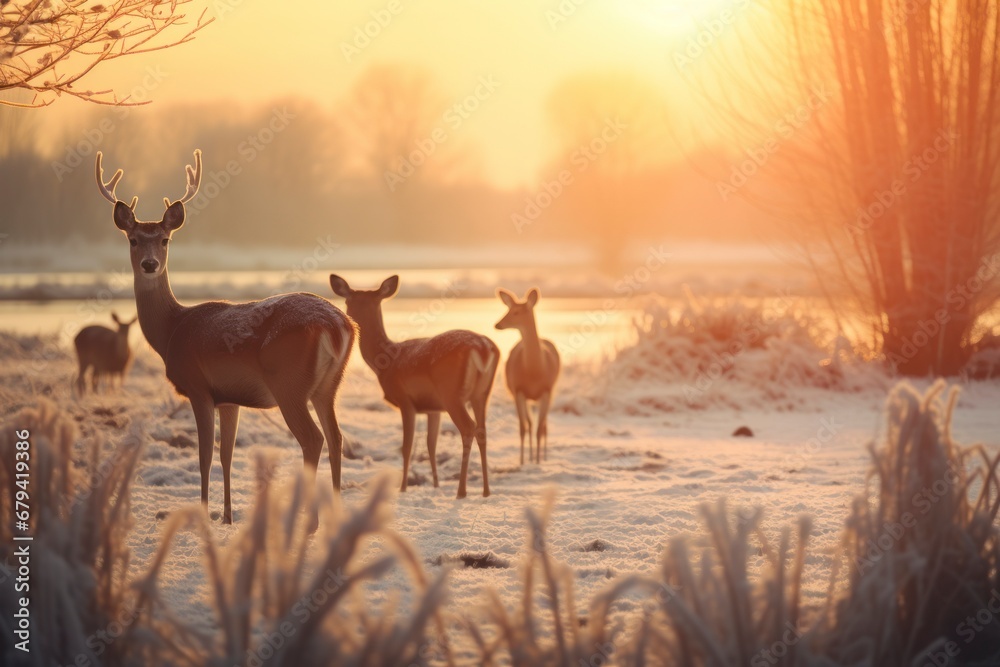 group of wild deer grazing in a snowy meadow at sunrise, with soft golden light illuminating the scene group of wild deer grazing in a snowy meadow at sunrise, with soft golden light illuminating the scene