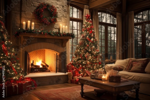 cozy living room decorated for Christmas, with a glowing fireplace, stockings, and a beautifully adorned tree © MADMAT
