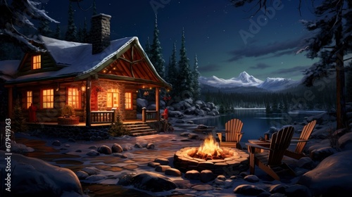 cozy winter cabin at night, with a roaring fire pit outside, surrounded by snow and under a starlit sky