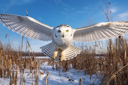 snowy owl in flight over a winter field, with its wings fully spread and a clear blue sky photo