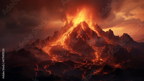 Lava landscape with volcano, AI Generative.