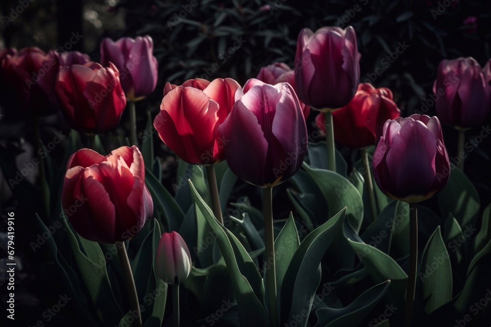 A bouquet of red yellow and rose tulips photographed against a grey dark background with warm light. Generative AIGenerative AI A bouquet of red yellow and rose tulips photographed against a grey dark background with warm light. Generative AIGenerative AI