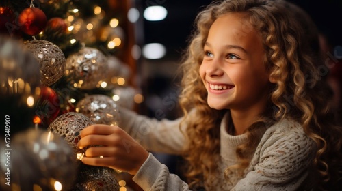 Girl chooses decoration for the christmas tree. Christmas atmosphere at cozy home interior.