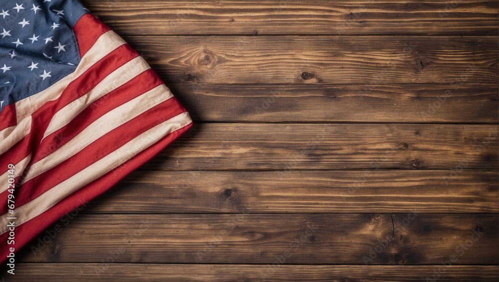Obraz premium top view American flag on wooden background. backdrop with copy space