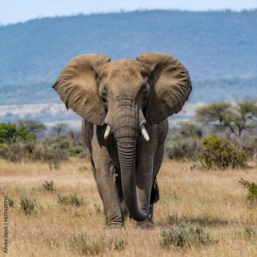 Fototapeta premium An elephant in its natural habitat. Highlight the majestic presence of the elephant, its interactions with the environment, and the surrounding wildlife. In wildlife moment extraordinary.