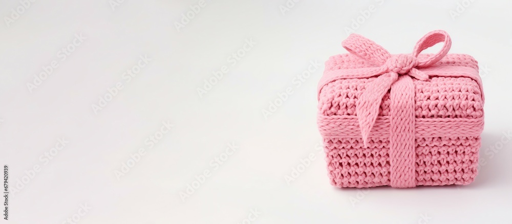 pink knitted gift box with ribbon on pink background with copy space.crochet gift box. pink knitted gift box with ribbon on pink background with copy space.crochet gift box.