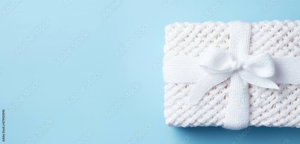 White knitted gift box with ribbon on blue background with copy space, top view. White knitted gift box with ribbon on blue background with copy space, top view.