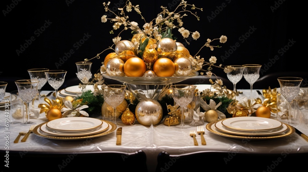 A panoramic view of a grand New Year table centerpiece, showcasing its scale and beauty.