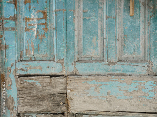 Rustic painted wood boards with dry peeling grunge paint 