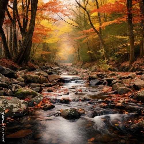 Tranquil Waters  The Mountain s Autumnal Veil Mountain stream flowing through autumnal forest  clear blue water  rocky riverbed  fiery-colored trees  mountain peaks in distance  serene natural 