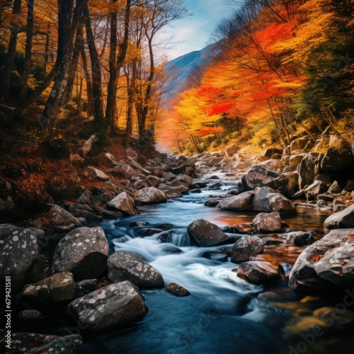 Clear blue water rocky riverbed Mountain stream flowing through autumnal forest  clear blue water  rocky riverbed  fiery-colored trees  mountain peaks in distance  serene natural landscape 