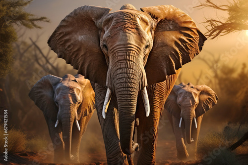 A herd group of a family of African elephants on the Savanah prairie at sunset. AI generated. © Serhii
