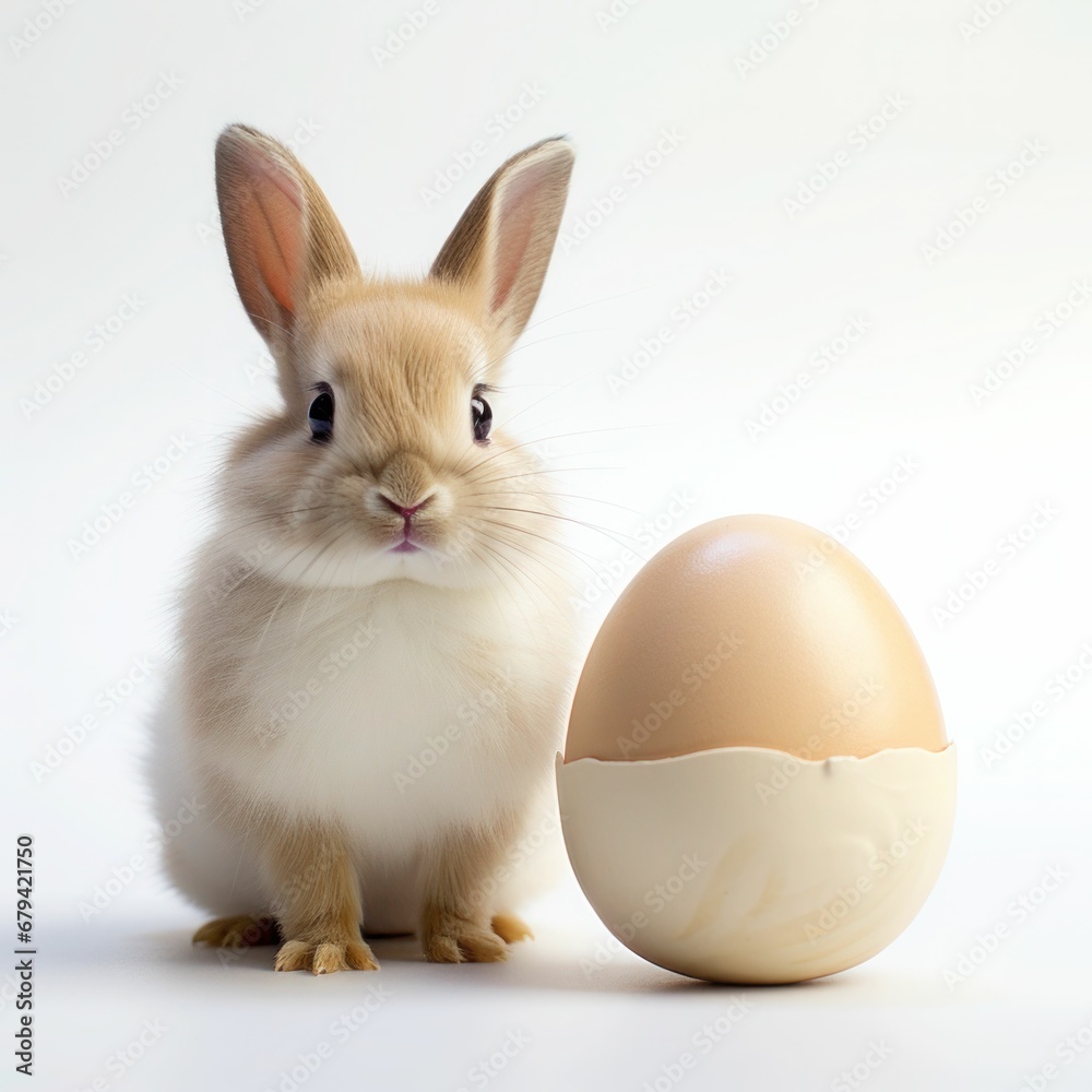 Obraz premium Easter bunny with eggs, spring festival rabbit, cute bunny Easter celebration studio shot, white background, domestic rabbit, Easter eggs, spring, festive, pastel colors