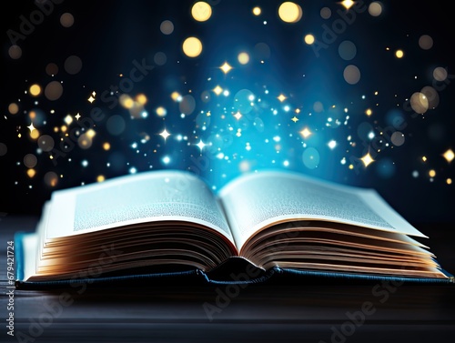 AI-generated illustration of an open hardcover book on a table, amid sparkles in a blue background. MidJourney. photo