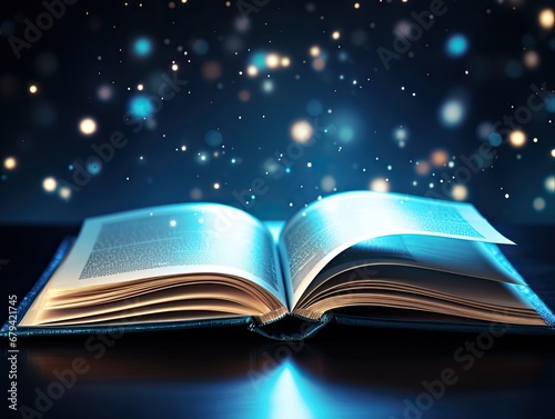 AI-generated illustration of an open hardcover book on a table, amid sparkles in a blue background. MidJourney.