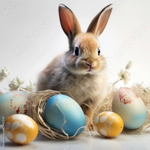 Easter bunny with eggs  springtime bunny  fluffy bunny  pastel-colored eggs  decorative patterns  white background  spring flowers  festive setting