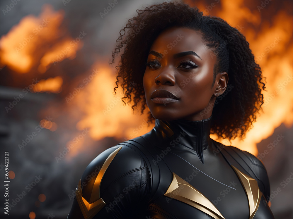 Black woman in superhero costume. Young beautiful african american lady