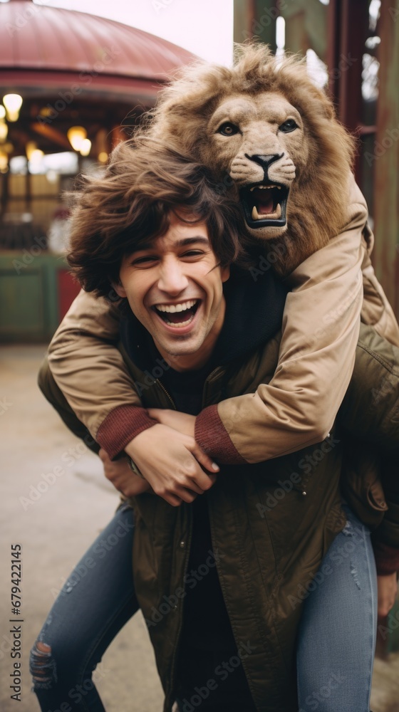 A young couple shares a playful moment at the zoo, the man holding a person in a lion mask. Generative AI.