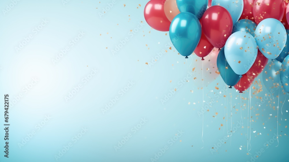 Balloons and confetti on a light blue background with copy space Balloons and confetti on a light blue background with copy space