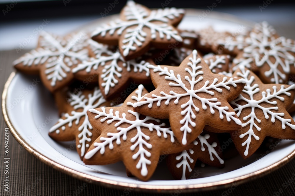 Traditional gingerbread cookies in snowflake shapes decorated with white icing on a plate Traditional gingerbread cookies in snowflake shapes decorated with white icing on a plate