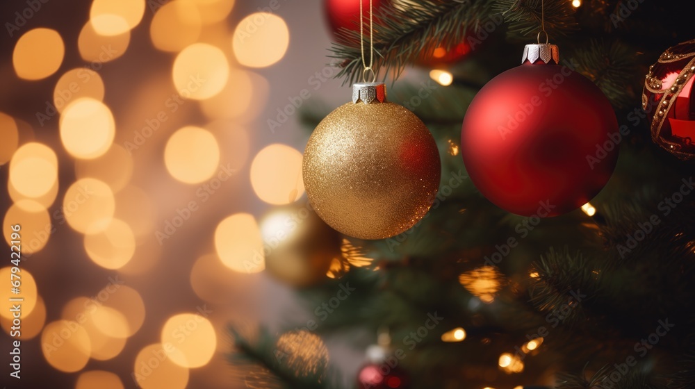 Golden and red Christmas ornaments hanging from a tree with blurred lights in the background Golden and red Christmas ornaments hanging from a tree with blurred lights in the background