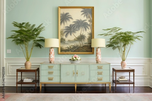 Vintage Elegance in a Mint Green Living Room Elegant interior setup, seafoam green walls, mint credenza, palm tree art, potted ferns, wooden side tables, decorative table lamps. photo