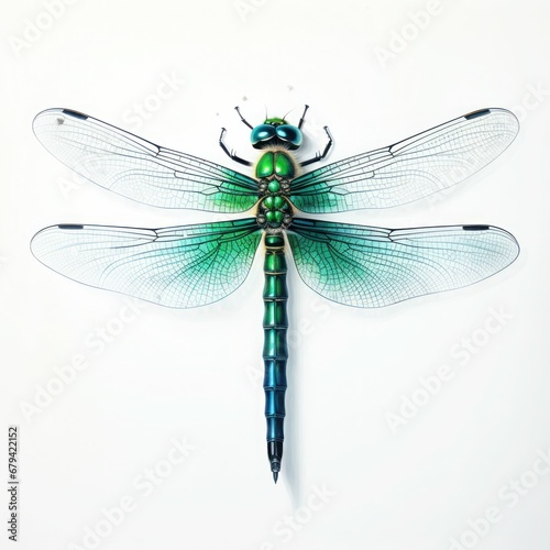 Dragonfly model, metallic green and blue body, transparent wings, detailed veining, white background, entomology display