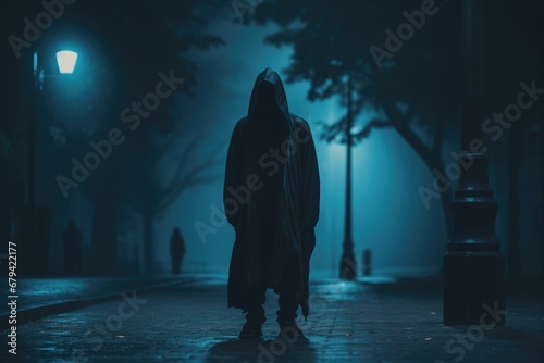 Mysterious figure in cloak standing on an urban street at night