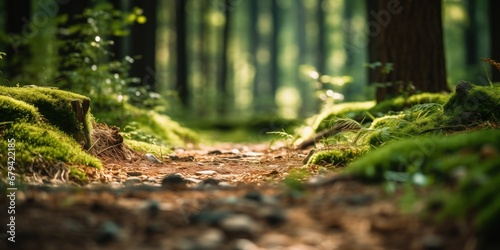 Sunlit forest trail with moss and fresh green ferns with shallow depth of field
