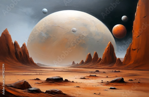 An abstract surrealism art, oil painting artwork, big planet in the sky like moon. Oil painting brushes. A planet in the space. Like science fiction movie. Can be used as background or wallpaper.
