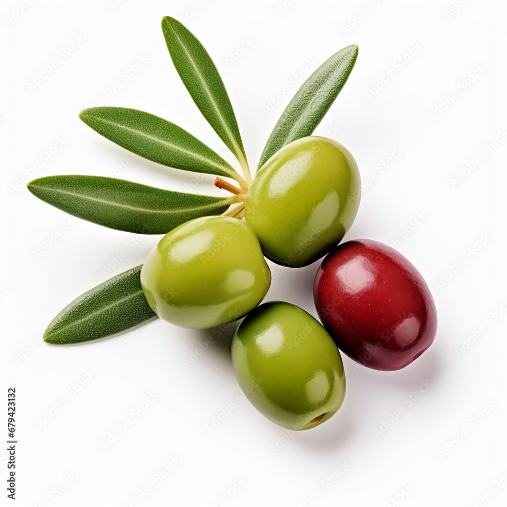 Obraz premium Olive berries and olive leaves, AI Generative.