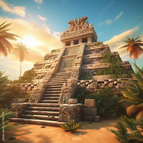 Ancient temple tourism Ancient pyramid temple  Mesoamerican architecture  tropical palms  sunlit sky  archaeological site.   