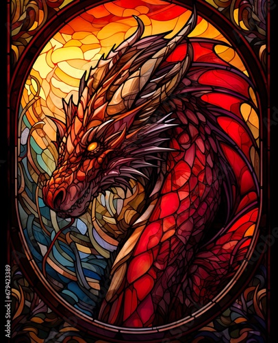 Stain glass window with a dragon and colorful design.