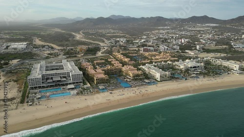Cabo San Lucas resorts and mountains, aerial angle