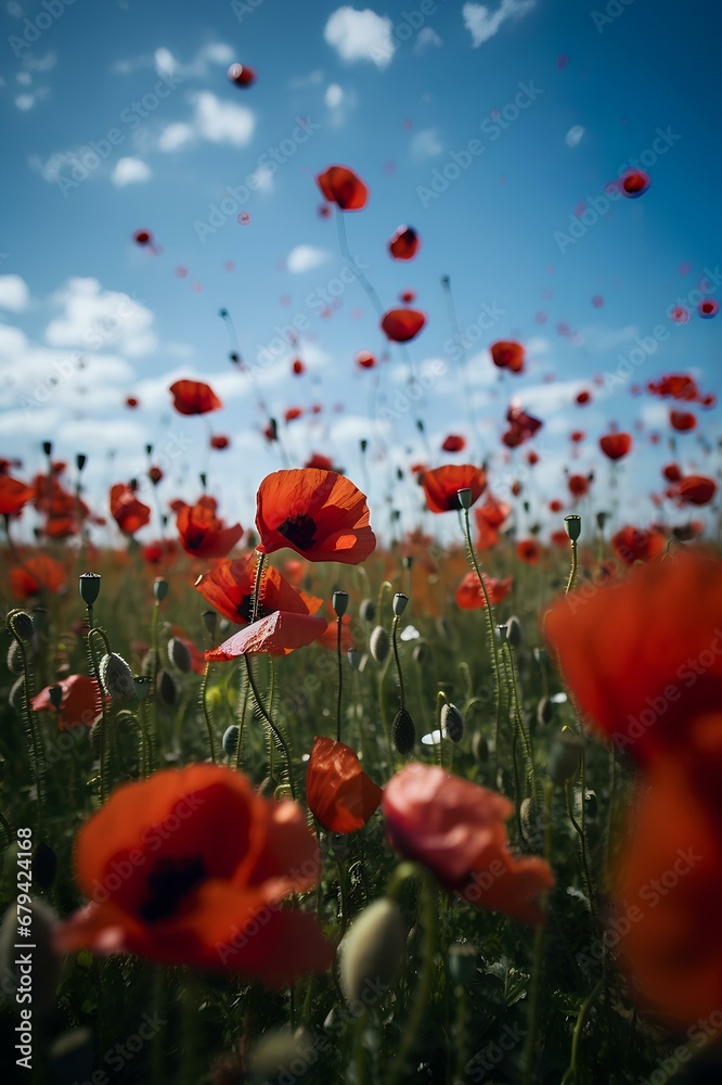 Fototapeta premium Poppy petals fly in the sky