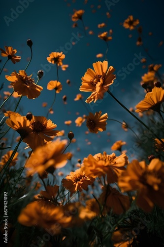 Marigold petals fly in the sky